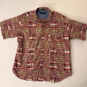 Orvis Mens XL Red Patchwork Plaid Short Sleeve Button Down Cotton Shirt